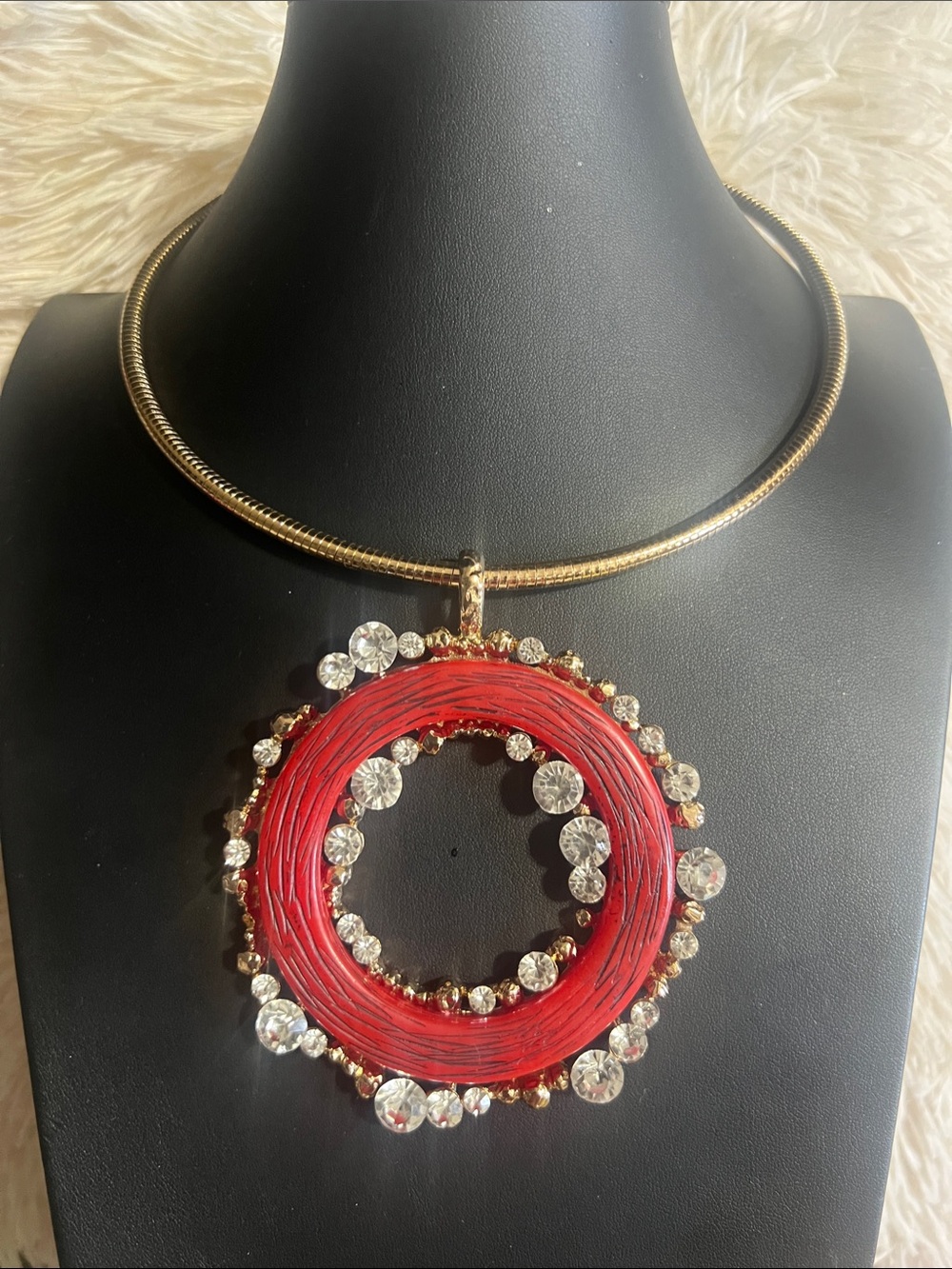 Nique Gold Choker with Red Circular Pendant and Clear Crystals
